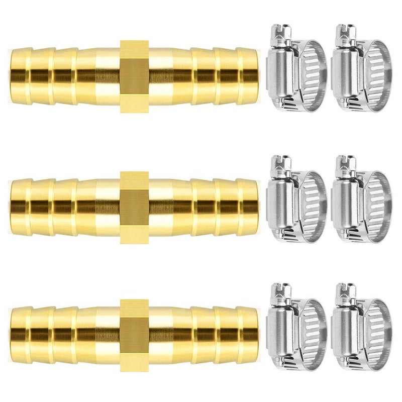 Da by 3 pcs 3/8"(10mm) Barb Splicer Mender Hose Brass Barb Fitting with 6 pcs Stainless Steel Pipe Clamps for Water/Fuel/Air - Image 1